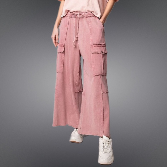 EASEL “Feeling Good Cargos” Mineral Washed Flared Leg, Raw Seams & Hems, Pockets - Picture 5 of 16